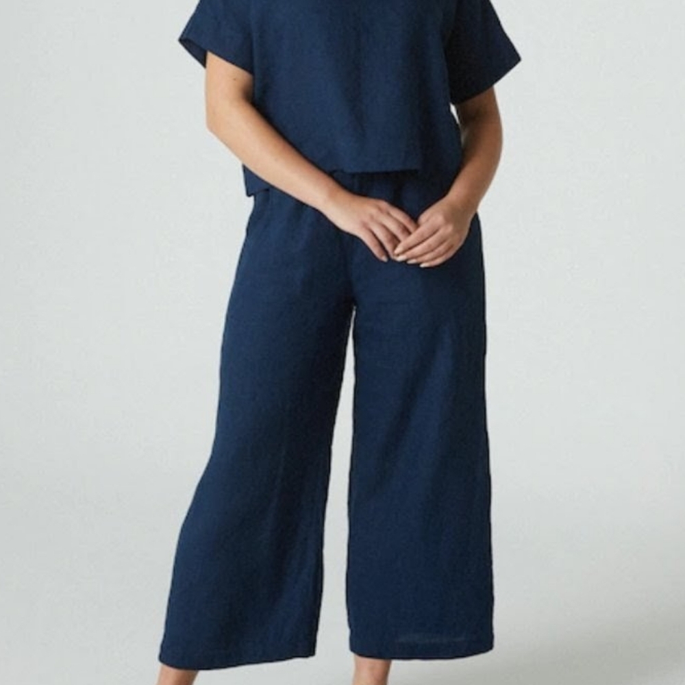 Linen Navy Wide-Leg Culottes Cropped Pants